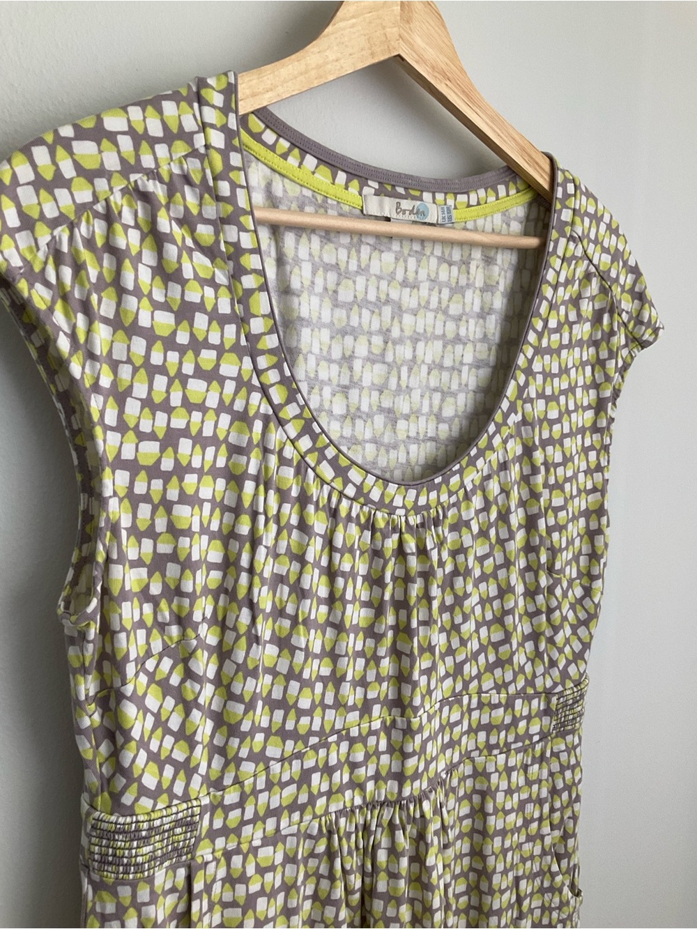 Boden 10 Margot Lime Green Gray Scoop-Neck Midi Dress in Geometric Print